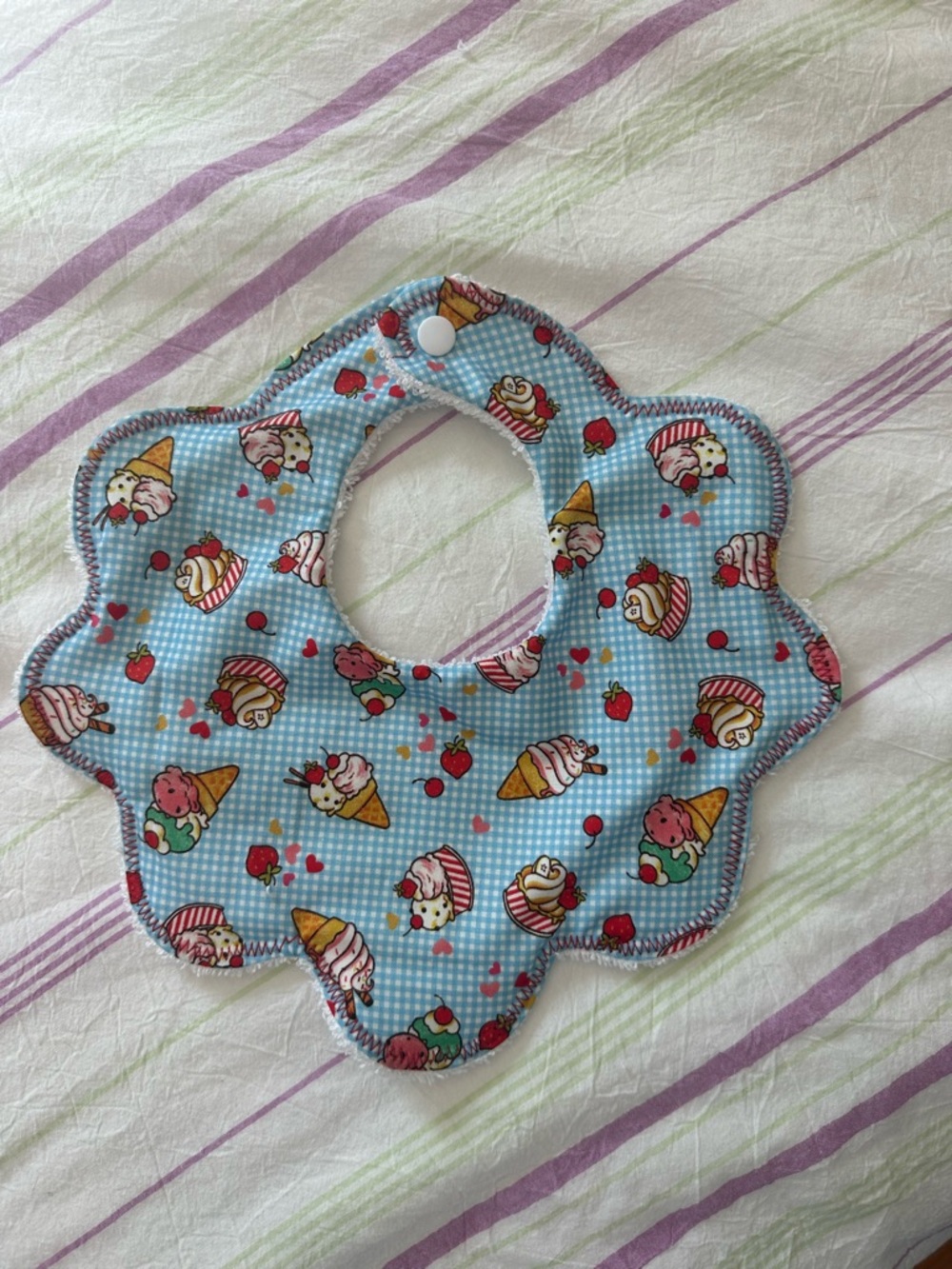 Baby Floral Scallop Bib in Light Blue with Sweet Treat Print